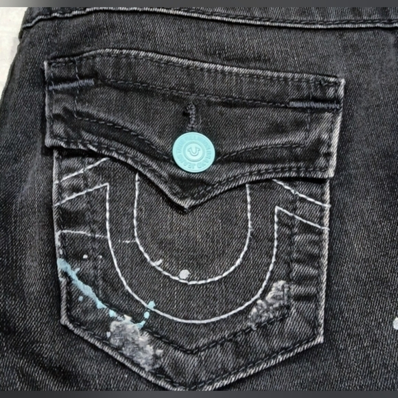 True Religion Denim - True Religion Black with Teal Splatter Super Skinny Distressed Jeans 29